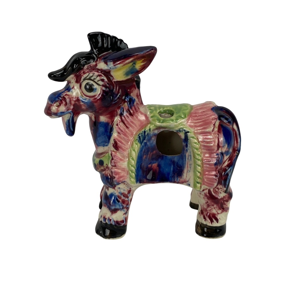 Vintage Rare Ceramic Donkey Figurine Multicolor Burro Decor Hand Paint Top Holes